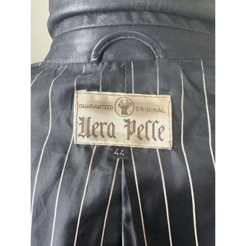 Vera Pelle Italian Leather Coat Womens Size M Black Smooth 70's Retro Matrix‎